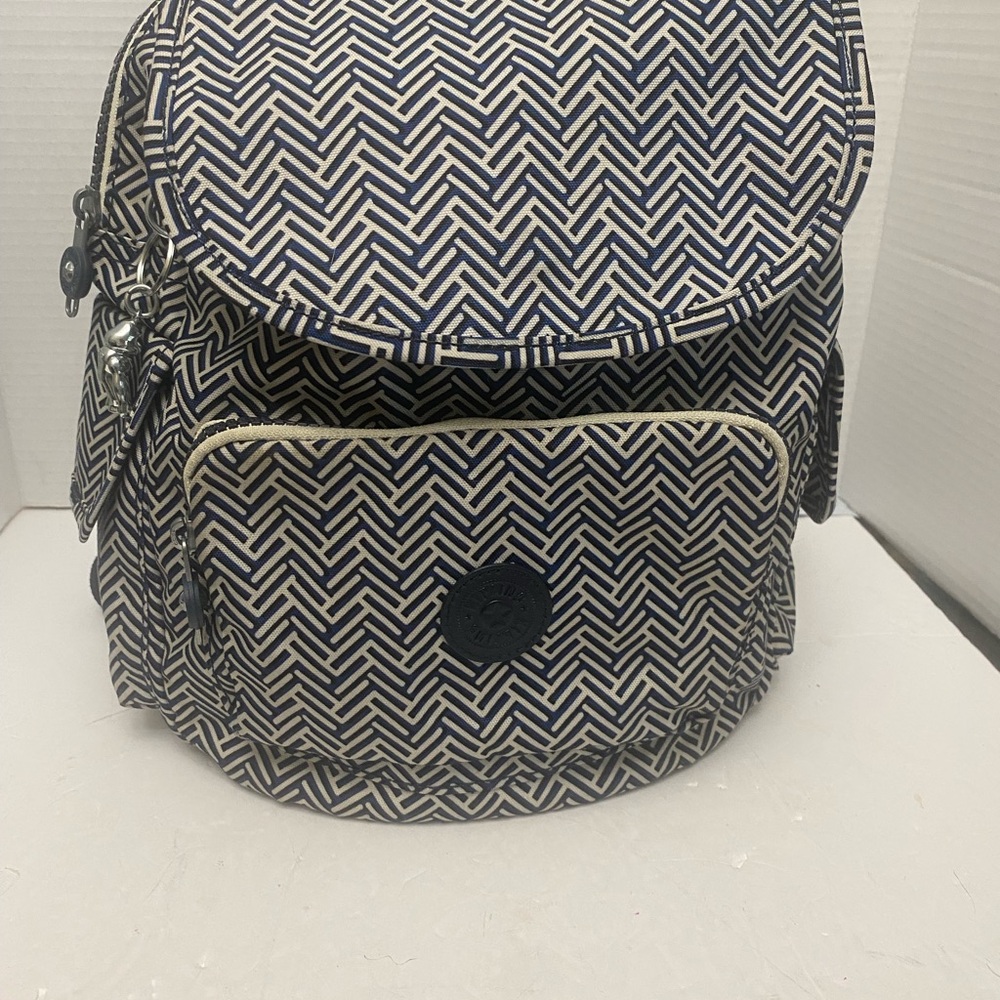 Kipling City Navy and White Chevron Patterned Backpack Water Resistant